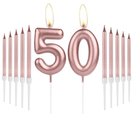 Girls 50th Birthday Decorations - Number 50 Rose Gold Long Candles, Cake Topper for Women's 50th Birthday & Wedding Anniversary Celebrations