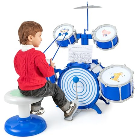 GOPLUS Barntrumma, barntrumma, set med 5 trumma, trumpinne och handfat och pedal, barntrumma med djurmönster, med musikstativ och pall, musikinstrument för barn från 3 år