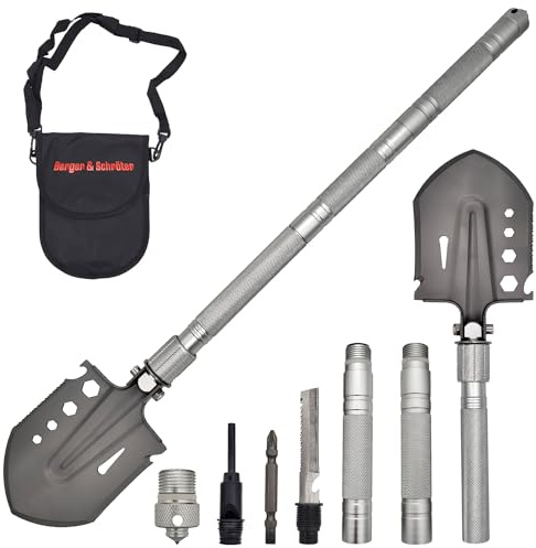 Berger & Schröter Klappspaten Outdoor Schaufel Multifunktionsspaten Survival Klappbar mit 3 Verlängerungen Überleben Garten Wandern Camping, Silber