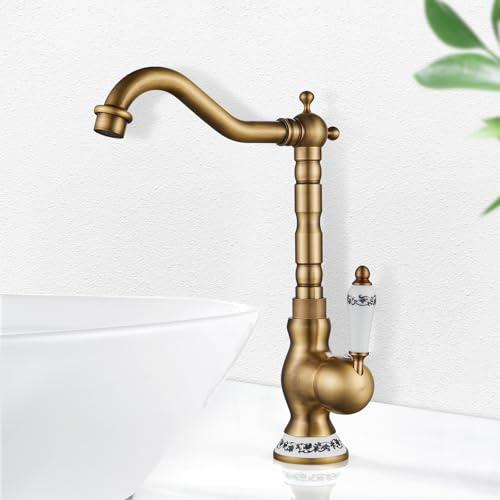 ROWINNAO Kran badrum hög antik mässing, retro tvättställsarmatur 360° roterbar, en spak blandare badrumskran guld tvättställ badrum med pip höjd 253 mm, kallt och varmt