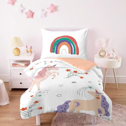 CINYE Kinder Mädchen Kawaii Einhorn Bettwäsche 120x150cm Wendebettwäsche Mit 40×60cm Kissenbezug 3D Gedruckt Blumen Regenbogen Muster 100% Microfaser Bunt Bettwäsche Mit Reißverschluss