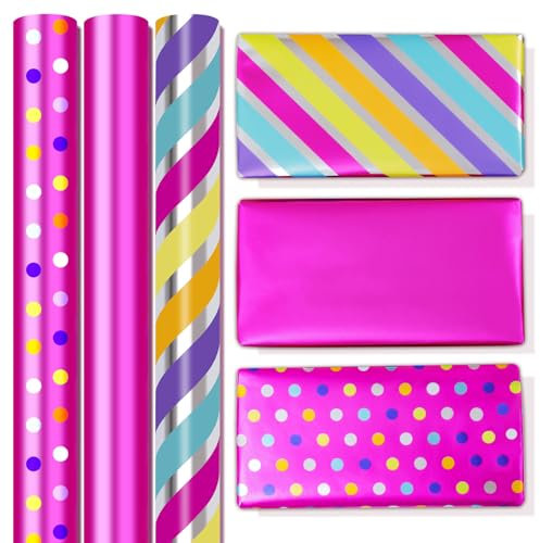 Niviy Valentinstag Geschenkpapier,3 Rolle 43 x 300cm Polka Dot Bunt Glitzer rosa Geschenkpapier Set,für Mädchen Valentinstag Hochzeit Geburtstag Geschenkverpackungen