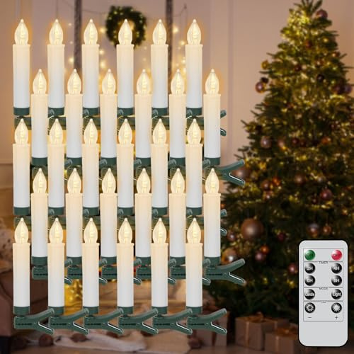 Eldnacele Christbaumkerzen LED kabellos mit Kristalloptik, 30er Set | LED Christbaumkerzen kabellos, Weihnachtsbaum Kerzen LED ohne Kabel, Baumkerzen mit Clip, Fernbedienung, Timer, dimmbar, Weiß