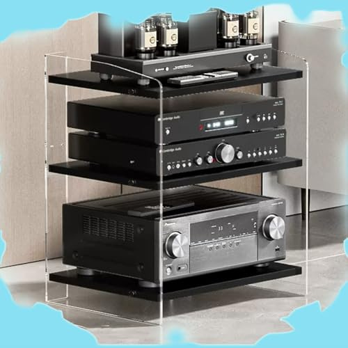 ZIUSFAC Audio Rack Hifi Regal Acryl Multimedia Regal Mini HiFi-Ständer 3/4-stufiger AV Medienständer Plattenspieler Rack Audioständer Mit Verstellbaren Regalen Audio Schrank(Clear+Black,40x52.2x60.6cm