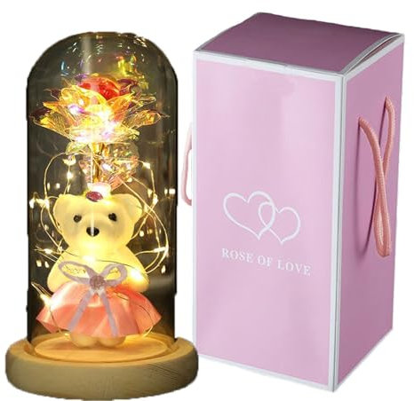 Eternal Flower Birthday Gifts for Women , Best Friend Galaxy Rose Flower Gifts for Women,Light Up Infinity Rose in Glass Dome Teddy Bear Presents for Mom Teacher,Valentines for Wife Girlfriend