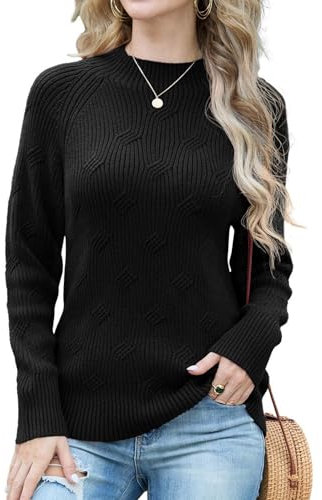 GRECERELLE Women's Jumpers Long Sleeve Casual Crew Funnel Neck Pullover Tops Ladies Knit Jumpers (Black, L)