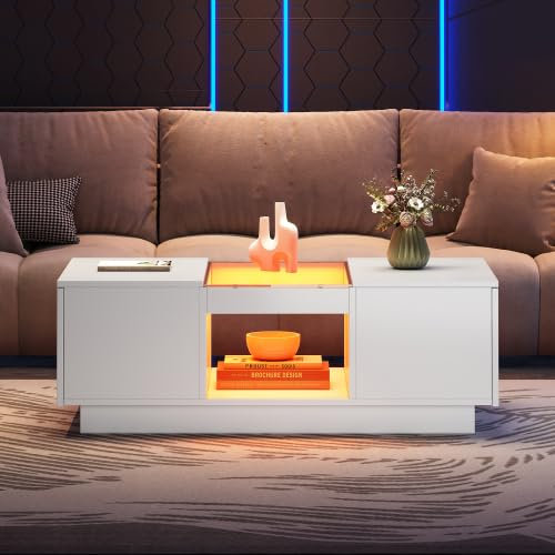 AUJDKDH Weißer Couchtisch 100x50x35,5 cm – mit Glasverkleidung, LED-Beleuchtung, App-Steuerung, 2 Schubladen und 1 offenes Fach