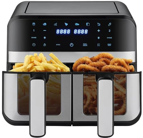 Shienfir Dual Zone Heißluftfritteuse mit Sichtfenster, 9L Kapazität Doppel-Airfryer, 9-in-1 Kochvorgaben, 2 Schubladen, Touchscreen, Timer-Funktion, Gesunde Fritteuse ohne Öl Air Fryer Groß Schwa