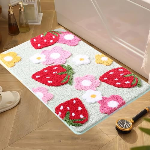 WIYETY Alfombra de Baño Verde Fresa: Alfombra Antideslizante de Microfibra Suave, Absorbente para Ducha Bañera Inodoro (45 x 65 cm)