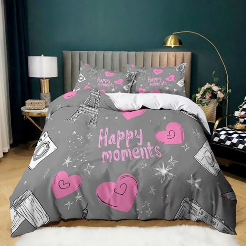 Grigio Copripiumino Matrimoniale 240x220 fotocamera a cuore rosa 3D Stampa Morbida Microfibra Biancheria da Letto con Cerniera per Bambini/Adulti 1 Copripiumino + 2 Federe 50x80 cm