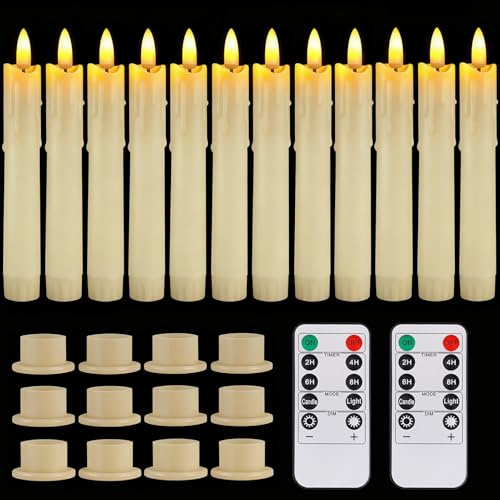 wiipara LED Stabkerzen mit Sockel, Flackernde Kerzen mit Timerfunktion, Tropfeneffekt, Weihnachtsdeko, Flammenlose LED Candles Set für Weihnachten, Hochzeiten Partys (Elfenbeinweiß, 12 Stück)