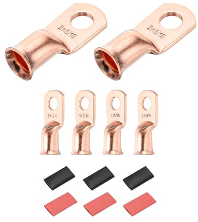 DMiotech 6 Pcs 2 AWG - 5/16 Copper Cable Lugs, Battery Cable Ends, Heavy Duty Copper Wire Lugs with 6pcs Heat Shrink Tubing for Electrical Projects, Copper