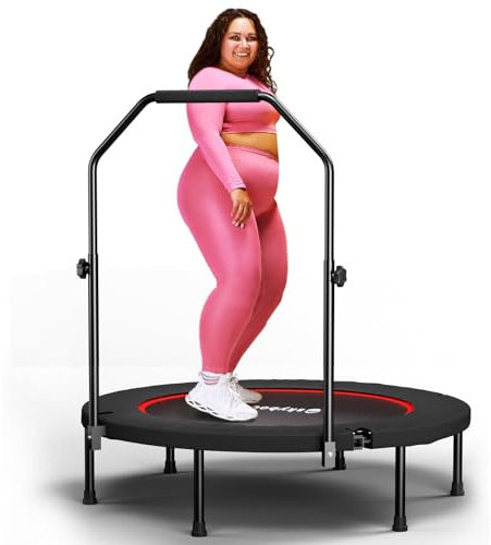 SkyBound Foldable Mini Trampoline - Fitness Rebounder with Quiet Bungees, U-Shape Adjustable Foam Handle, Stable Indoor Exercise Trampoline for Adults