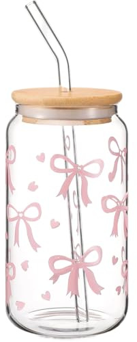 Cumnvulnt Coquette Aesthetic Glass Cups with Lids and Straws, Pink Bow Iced Coffee Cup, 16oz Cute Glass Tumbler Gifts for Women Girls Friends
