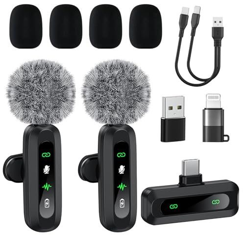 2PCS Wireless Lavalier Microphone for iPhone & Android – Lapel Clip-on Microphone with Noise Reduction, 100ft Transmission Range, Mini Microphones Ideal for YouTube TikTok Podcast Video Recording