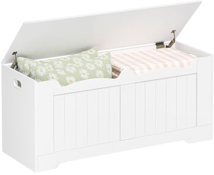 Hzuaneri Storage Chest, Storage Trunk with 2 Secure Hinge, 110 cm Lift-Top Storages Bench, Wooden Storages Organizer, Shoe Bench for Entryway, Bedroom, Living Room,White SB25503X