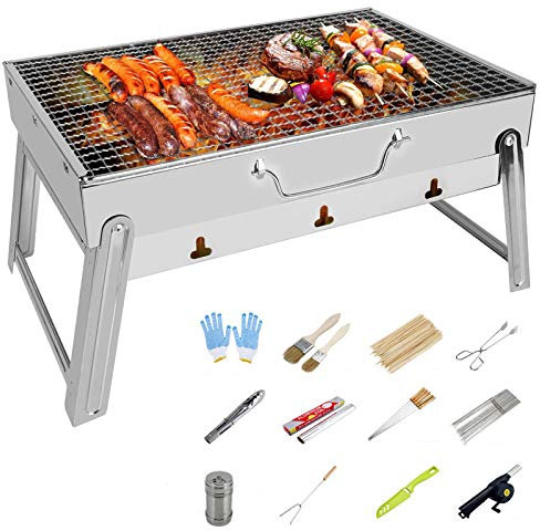 Barbecue in Acciaio Inox, Barbecue Portatile Pieghevole a carbonella, Barbecue da Tavolo, Barbecue, affumicatore, Kit di Utensili da Tavolo per Barbecue da Giardino, Campeggio, Viaggi, escur