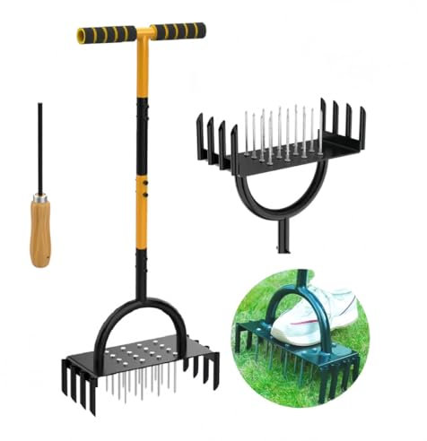 Lawn Aerator, Lawn Spike Aerator Manual Tool with 16 Pieces 9cm Solid Steel Spikes, Garden Grass Aeration, Heavy Duty Plug Core Aeration Clean Tool for Lawns Garden Compacted Soils and Lawns Yard
