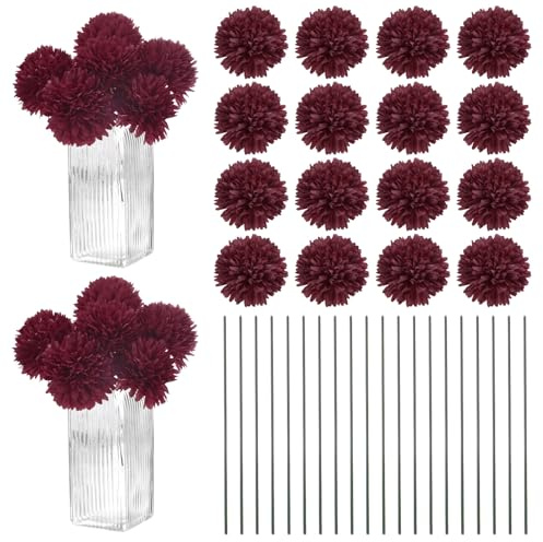 M METERXITY 30Pcs Boules Artificielles De Chrysanthèmes, 11 Pouces Faux Bouquets De Soie Chrysanthèmes Real Touch Faux Fleurs pour Maison/Mariage/Noël/Fête [Rouge Bordeaux]