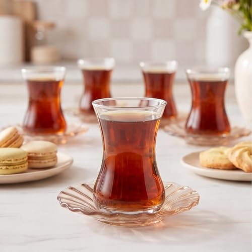 Karaca Luna Cay Bardagi Lot de 12 verres à thé, turcs, pour 6 personnes, verres à thé et soucoupes, marron clair moderne