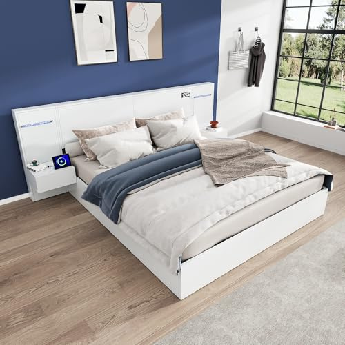Zepneiy Bett 160x200 mit Bluetooth Lautsprecher und USB, Holzbett 160x200cm mit 2 Nachttischen und Kopfteil, Doppelbett mit eingebettete Matratzendesign Modernes Bettgestell, Weiß (ohne Matratze)