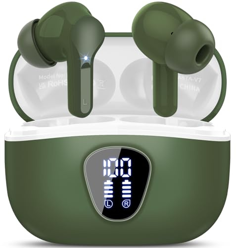 Bluetooth Kopfhörer, Kopfhörer Kabellos Bluetooth 5.4 In Ear, 4 ENC Noise Cancelling Mic Ohrhörer, HiFi Stereo Tiefbass, 40H Spielzeit, LED-Anzeige, IP7 Wasserdichte Earbuds, Touch Control, Retro Grün