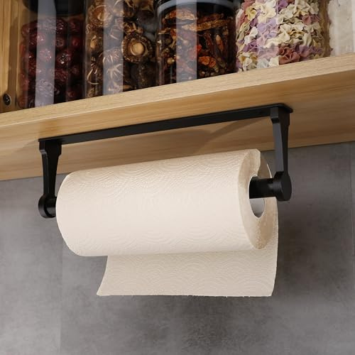 Küchenrollenhalter Ohne Bohren für Küche Schrank | Wandkleber oder Bohrrollhalter Unter Kleiderschrank für Toilette, Küchenorganisator Ohne Bohren, Aluminiumlegierung, Schwarz
