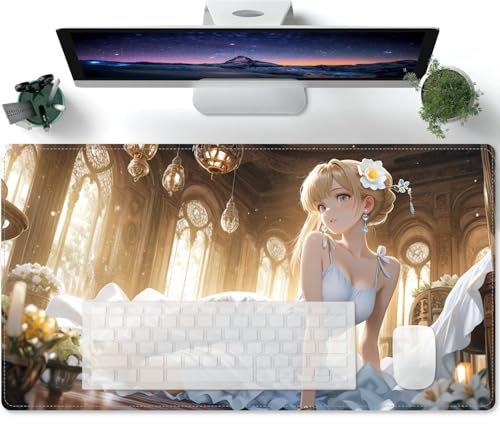 Großes Anime Mädchen XXL Mauspad mit Genähten Kanten, Rutschfeste Desk Mat, Verlängertes großes Mauspad Schreibtischauflage für Büro und Zuhause 600x300x3mm
