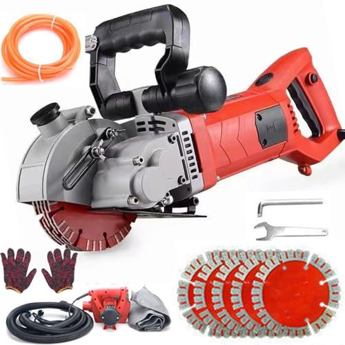 Electric Wall Chaser Cutting Machine with 4 Blades, Water Pump, Gloves, Adjustable Depth 0-42mm, Rotating Handle for 90° Grooves