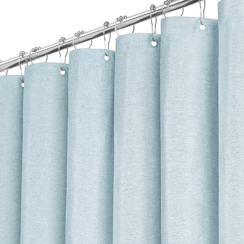 BTTN Duschvorhang Stoff 180x200 cm Leinenoptik wasserdicht, Blau/Nebelblau | 12 Plastikhaken, Rückseitig Laminiert Wasserdicht, Leinenoptik, Anti-Schimmel, Beschwerter Saum, Maschinenwaschbar Polyester