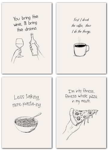 LAVEMA Witzige Küchenbilder Wanddeko Esszimmer Poster Set A4 (21x30cm) Bilder Küche Kaffee Wein Pasta Pizza Bilderwand stilvolle Küchendeko Kitchen Wandbilder lustige Wandposter ohne Bilderrahmen