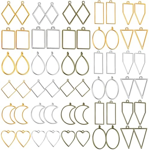 Mzbnfa 60pcs Hollow Frame Pendants - Resin Craft Bezels Jewelry Molds, Metal Blanks for Necklaces & Earrings Making Supplies, Mixed Shapes DIY Jewellery Making Supplies