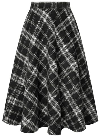 Belle Poque Women Vintage Plaid Skirts High Waisted Circle Chruch Skirt Dark Academia Clothing Black White Plaid S