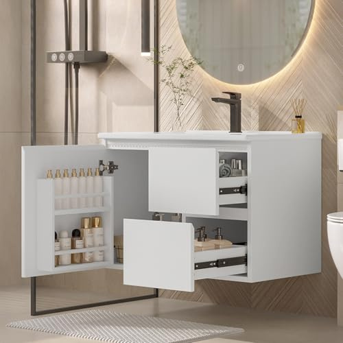 Generisch Hängend Waschbecken mit Unterschrank 76 cm Breit, LED Weiß Waschbeckenunterschrank mit 2 Schubladen und Schranktüren, Badezimmermöbel Set Gäste WC Waschbecken, 76x46x50cm