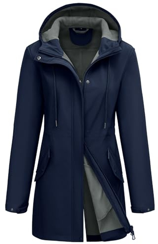 CMTOP Veste Imperméable Femme Chaude Léger Manteau de Pluie Mi-long Coupe-vent Parka Trench Coat Décontractée d'Extérieur Printemps Automne Blousons pour Camping Randonnée(Marine, XL)