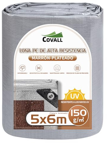 Covall Tarpaulin 5m x 6m Waterproof Heavy Duty 150g/㎡ Silver & Brown Tarp | Plastic Sheeting Waterproof Tarpaulin Cover With Reinforced Grommets, UV & Tear-Resistant Groundsheet for Camping,Patio,Wood