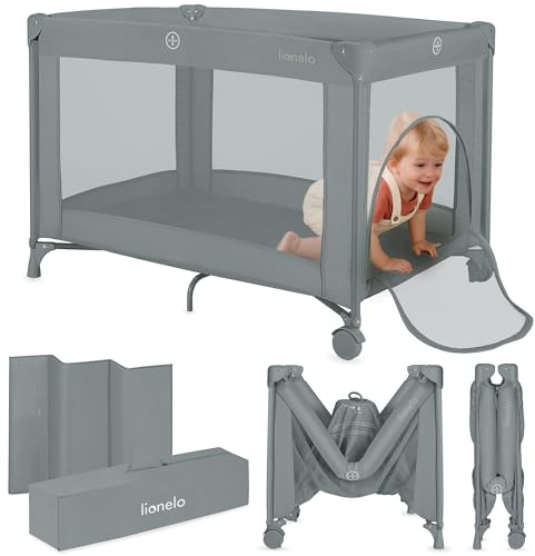 LIONELO Amelie Resesäng för Baby – Kompakt och Lätt Spjälsäng 100,5×70,5 cm, 7 kg Hopfällbar, med Madrass, 2 Hjul, Luftiga Meshsidor & Sidointräde, Stabil Stålram, upp till 15 kg, med Väska, Grå