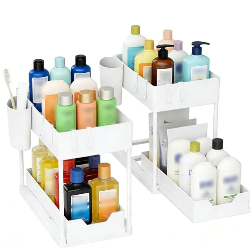 Pull-Out Drawer, 2 Pack Under Sink Storage Organiser, 2 Tier Sliding Rack with 8 Hooks & 2 Cups, Holds 40lbs, No Tools Assembly - for Kitchen & Bathroom Cabinet Organisation (White)
