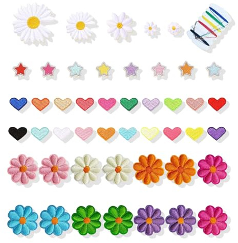 fKiZanthene Aufnäher zum Aufbügeln, 47 Stück, bestickt, Blumen und Herzen, bunte Applikationen zum Aufbügeln oder Aufnähen, für Dekoration und Reparatur von Kleidung und Taschen