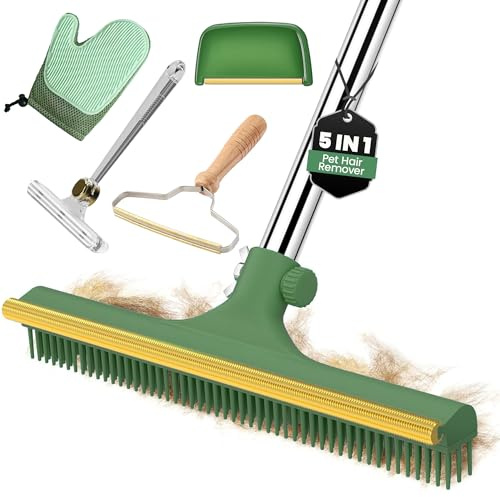 KURMEN 5 in 1 Carpet Rake Kit for Pet Hair Removal Tool, Adjustable Long Handle Cat&Dog Reusable Fur Broom Removal Tool, Magic Brush and Pet Hair Removal Glove for Carpets, Rugs, Mats and Etc.