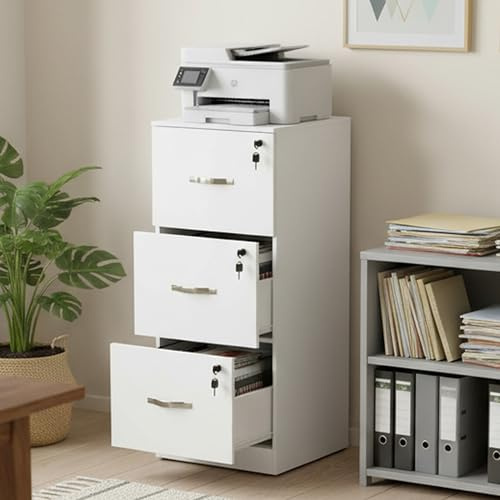 buybyroom Abschließbar Aktenschrank mit 3 Schubladen, Holz Büroschrank, Schubladenschrank Schmal Druckertisch, Hängeregisterschrank für A4/Letter/Legal-Format, Metallgriff, Weiß