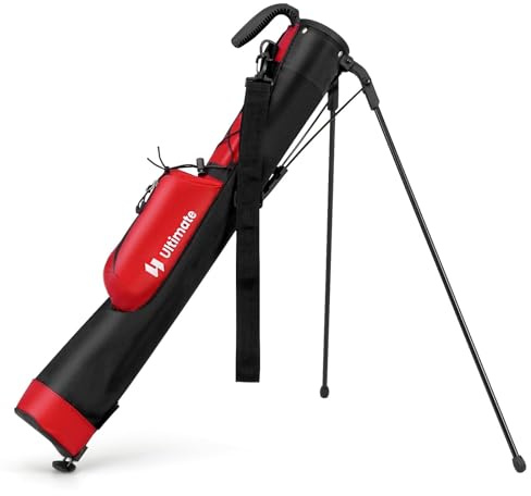 COSTWAY Golf Pencil Bag mit Ständer, Golfbag mit 2 er Unterteilung, Golftasche leicht mit Schultergurt & Tasche, Golf Standbag tragbar für Herren, Damen (Rot)