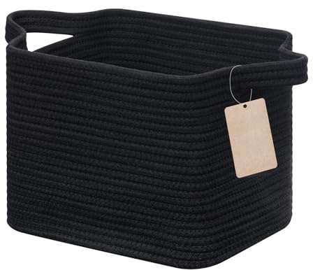 JOJOSEE Aufbewahrungskorb 33 x 25 x 22,5 cm Korb Geflochten Schwarz | Korb Aufbewahrung Baumwollseil Kleiner Organizer Korb für Spielzeug Kinderzimmer, Decken, Kissen