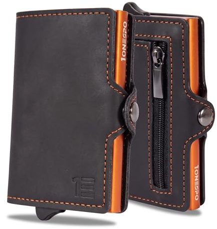 1ONESPO Porta Carte Uomo con portamonete e contanti - Portacarte Uomo - Porta Tessere Uomo tascabile protezione RFID, Nero-Arancione Vintage