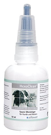 Alfavet Hexo Clean nettoyant auriculaire Acide pour Chiens et Chats avec applicateur en Caoutchouc Souple agréable pour l'oreille, chlorhexidine et Acide salicylique, Flacon Plastique de 50 ML