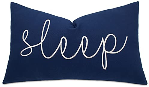 EURASIA DECOR Embroidered 12x20 Inch Lumbar Pillow Cover – Navy Blue Cotton Bedroom Accent – Sleep