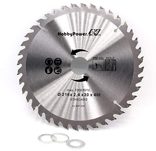 Kreissägeblatt Sägeblatt Hartmetall für Holz Tischkreissäge Kappsäge Gehrungssäge 216x30mm 40 Z Zähne + 3 Reduzierringe auf 24,4mm, 20mm und 16mm