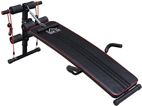 HOMCOM Banco de Abdominales Altura Ajustable Banco de Musculación Multifuncional para Fitness Entrenamiento de Espalda Abdominal Piernas Carga 120kg con 2 Cuerdas y 1 Tirador de Resorte