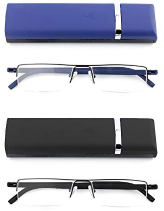 MMOWW Lesebrille mit Ultraleicht TR90 Rahmen für Damen Herren Metall Halber Rand Slim Style Brille Lesehilfe mit Tragbarem Etui (Schwarz und Blau, 1.0)