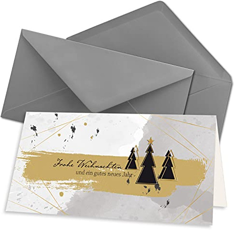 15x Weihnachtskarten-Set DIN Lang in Grau mit Weihnachtsbäumen und Text - Faltkarten mit Umschlägen DIN Lang Graphit (Grau) mit Nassklebung - Weihnachtsgrüße für Firmen und Privat